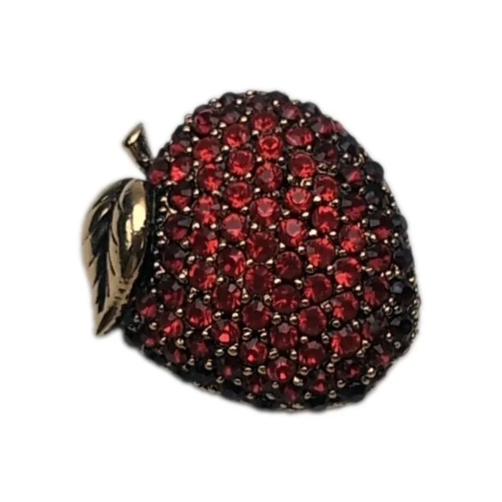 Vintage MONET Goldtone Red Apple Rhinestone Brooch Teacher Gift Pin Collectable